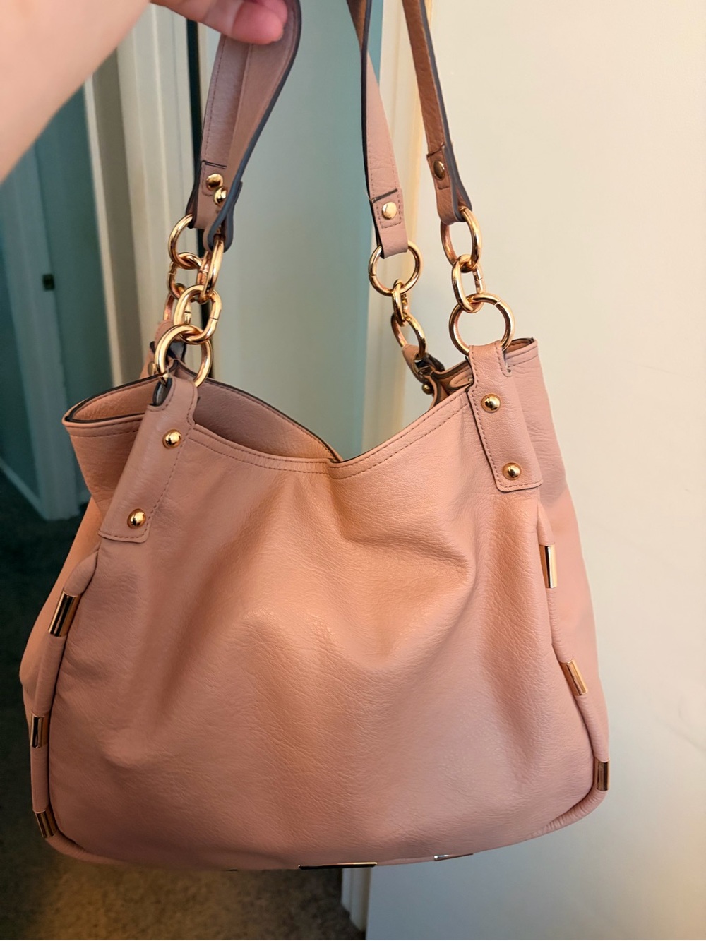 Jessica Simpson Blush Pink Faux Leather Slouchy Hobo Shoulder Bag Gold Chain